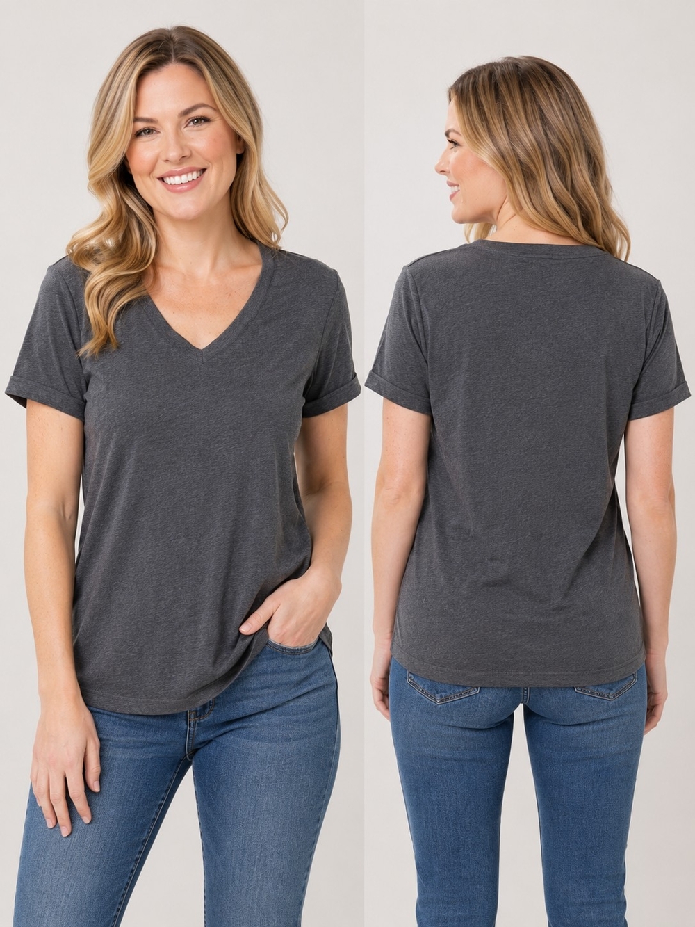 Eddie Bauer Women's Charcoal V-Neck Short Sleeve Tee, Size XL